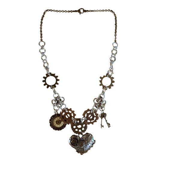 Handmade Jewelry - Steampunk Heart Gear Statement Necklace Mixed Metal Watch‎ Face Key Charms